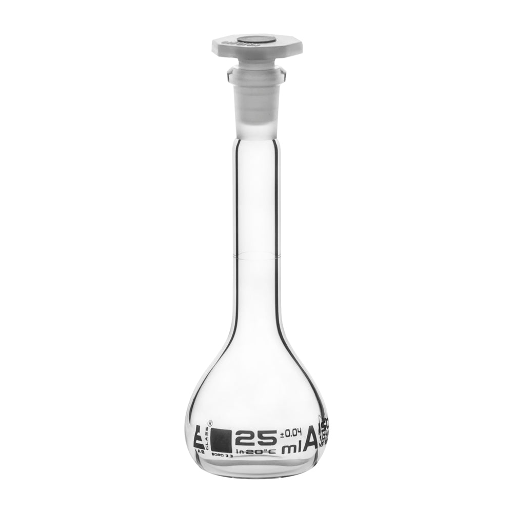 Volumetric Flask, 25ml - Class A - 10/19 Polyethylene Stopper, Borosilicate Glass - White Graduation, Tolerance ±0.040 - Eisco Labs