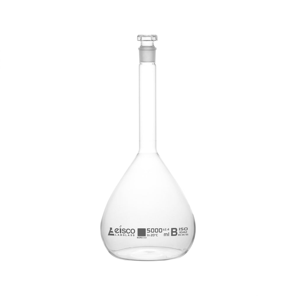 Volumetric Flask, 5000ml - Class B - Hexagonal, Hollow Glass Stopper - Single, White Graduation - Eisco Labs