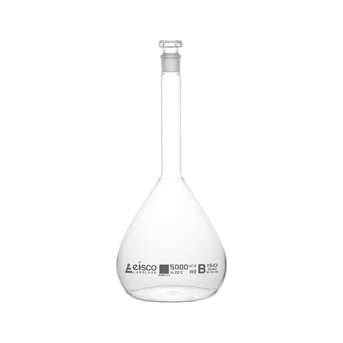 Volumetric Flask, 5000ml - Class B - Hexagonal, Hollow Glass Stopper - Single, White Graduation - Eisco Labs