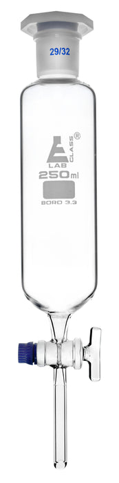Dropping Funnel, 250ml - 29/32 Plastic Stopper - Ungraduated, Glass Key Stopcock - Cylindrical, Borosilicate Glass - Eisco Labs