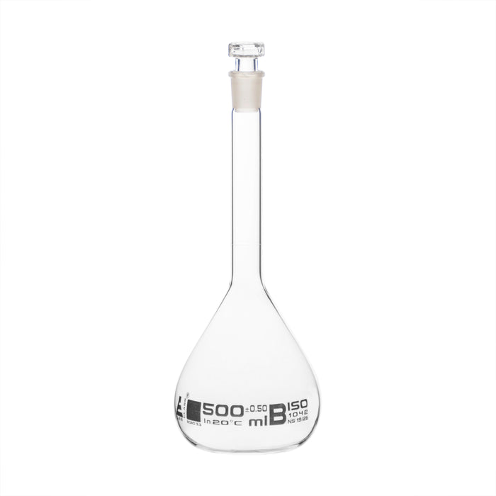Volumetric Flask, 500ml - Class B - Hexagonal, Hollow Glass Stopper - Single, White Graduation - Eisco Labs