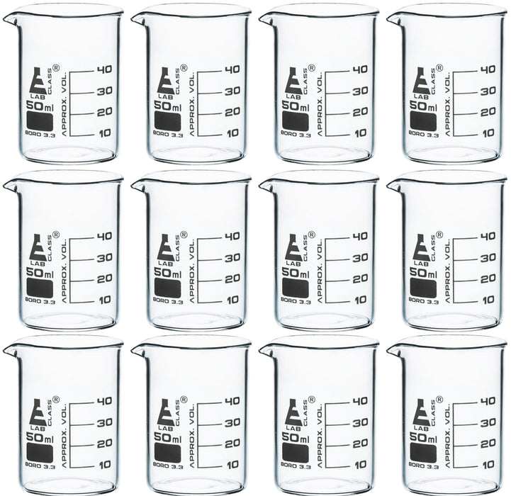12PK Beaker, 50ml - Low Form with Spout - White, 10ml Graduations - Borosilicate 3.3 Glass