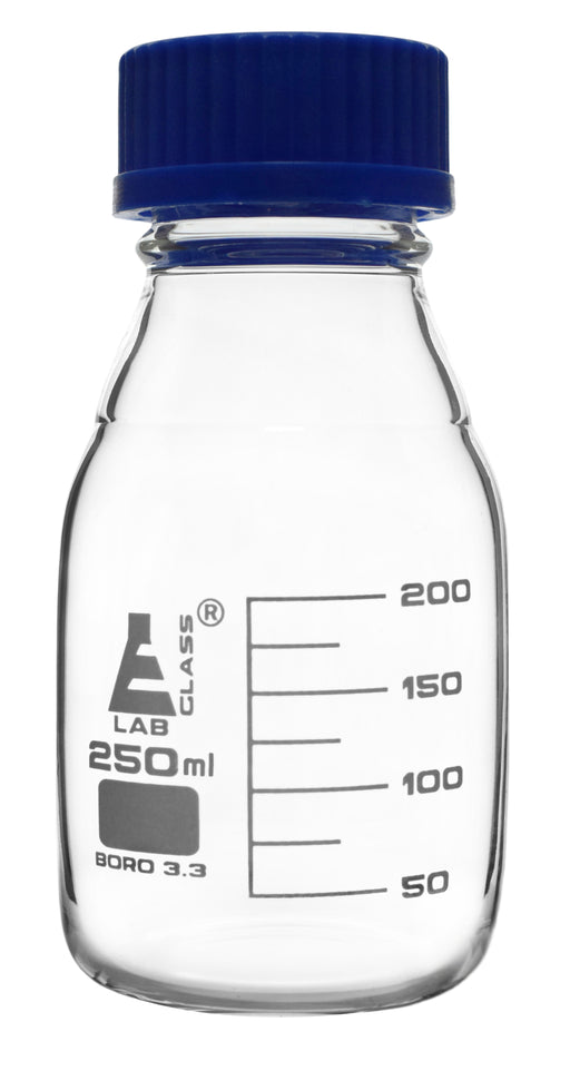 Reagent Bottle, 250ml - Transparent with Blue Screw Cap - White Graduations - Borosilicate 3.3 Glass - Eisco Labs
