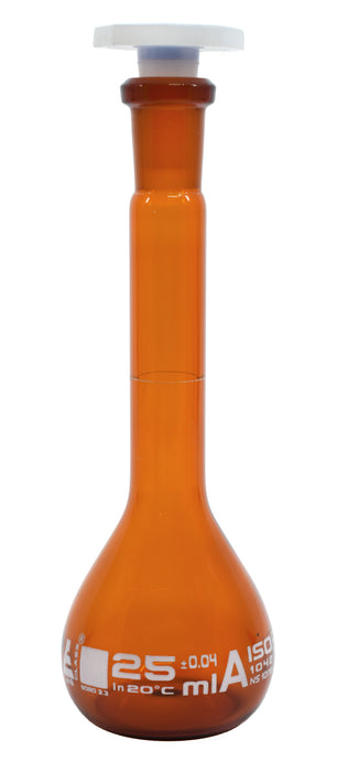 Volumetric Flask, 25ml - Class A - 10/19 Polypropylene Stopper, Borosilicate Glass, Amber - White Graduation Mark, Tolerance ±0.040 ml - Eisco Labs