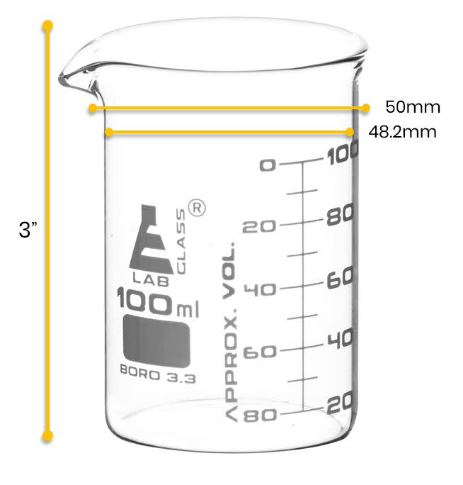 Beaker, 100ml - ASTM - Low Form, Dual Scale Graduations - Borosilicate Glass