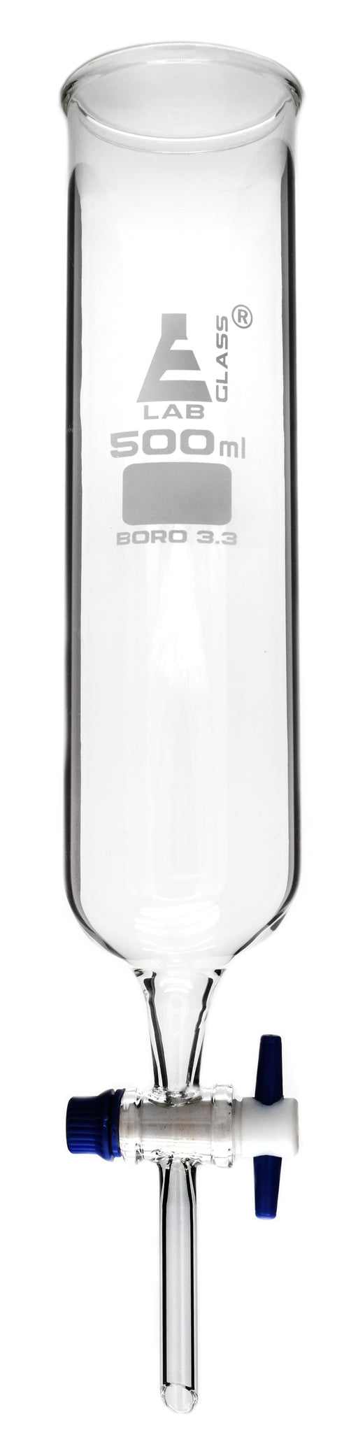 Dropping Funnel, 500ml - PTFE Key Stopcock, Open Top, Cylindrical - Ungraduated - Cylindrical, Borosilicate Glass - Eisco Labs