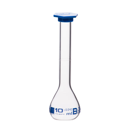 Volumetric Flask, 10ml - Class B, ASTM - Snap Cap - Blue Graduation Mark, Tolerance ±0.040ml - Borosilicate Glass - Eisco Labs