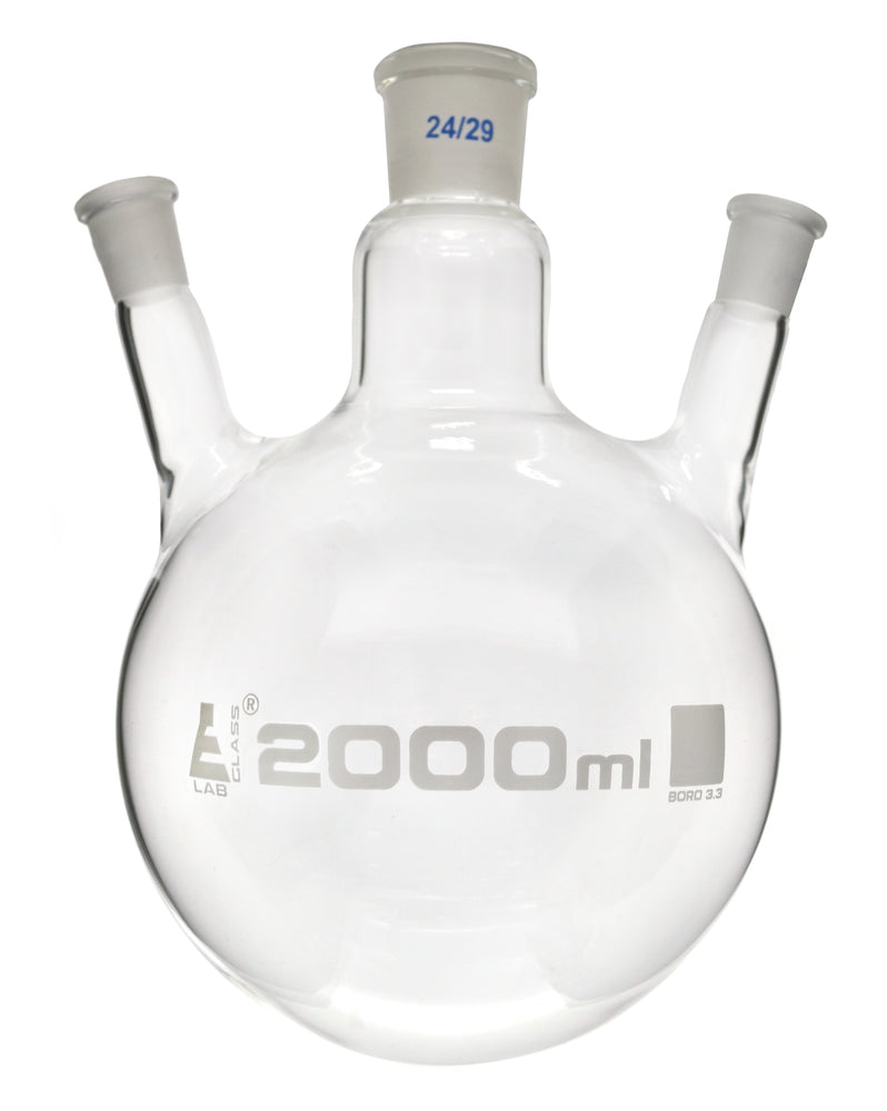 Distilling Flask, 2000ml - 3 Angled Necks, 24/29 Center, 19/26 Side Sockets - Interchangeable Ground Joints - Round Bottom - Borosilicate Glass - Eisco Labs