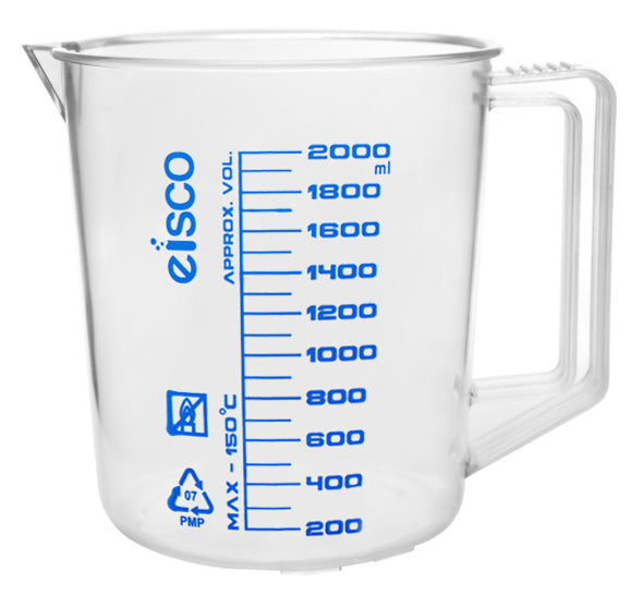 Measuring Jug, 2000ml - TPX Plastic - Printed Graduations - Chemical Resistant, Autoclavable - Short Form - Handle with Thumb Grip - Eisco Labs