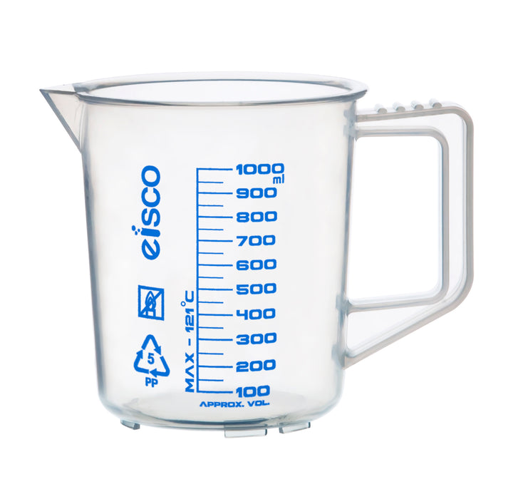 Measuring Jug, 1000ml - Polypropylene - Screen Printed Graduations, Spout & Handle for Easy Pouring - Excellent Optical Clarity - Eisco Labs