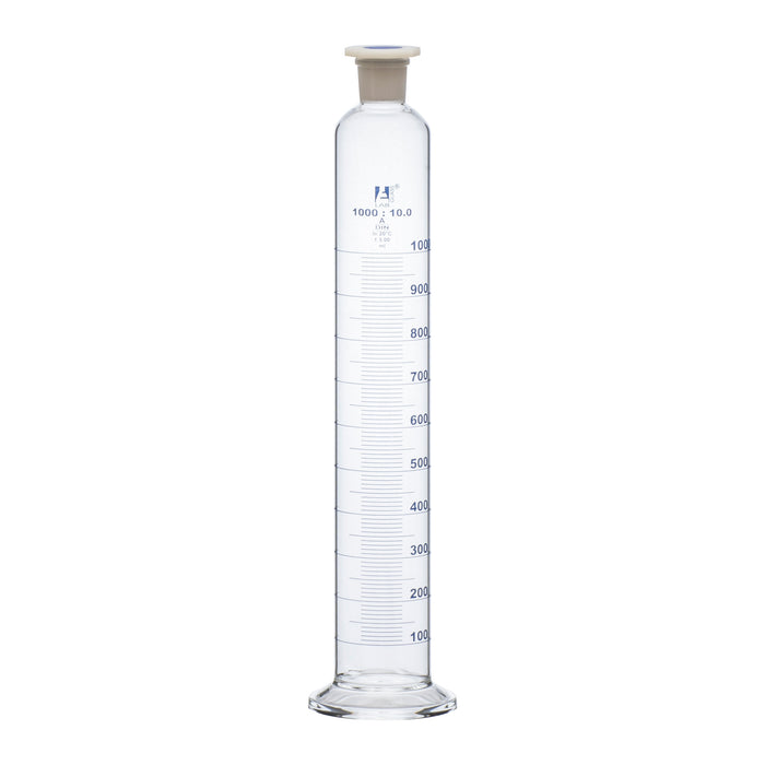Measuring Cylinder, 1000ml - Class A - 29/32 Polypropylene Stopper - Round Base, Blue Graduations - Borosilicate Glass - Eisco Labs