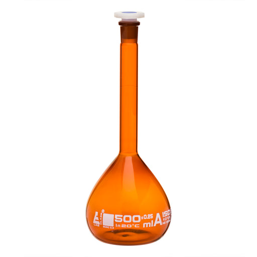 Volumetric Flask, 500ml - Class A Tolerance ±0.25ml - 19/26 Polypropylene Stopper - Single Graduation Mark - Amber Color Borosilicate Glass - Eisco Labs