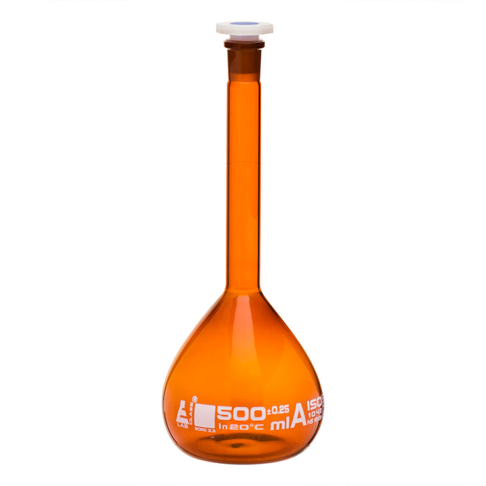Volumetric Flask, 500ml - Class A Tolerance ±0.25ml - 19/26 Polypropylene Stopper - Single Graduation Mark - Amber Color Borosilicate Glass - Eisco Labs