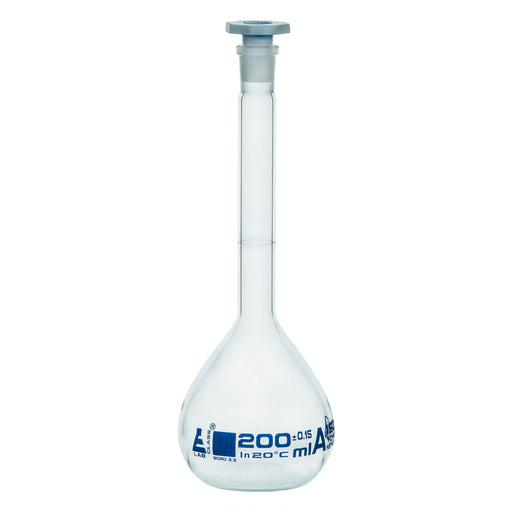 Volumetric Flask, 200ml - Class A - 14/23 Polyethylene Stopper, Borosilicate Glass - Blue Graduation, Tolerance ±0.150 - Eisco Labs