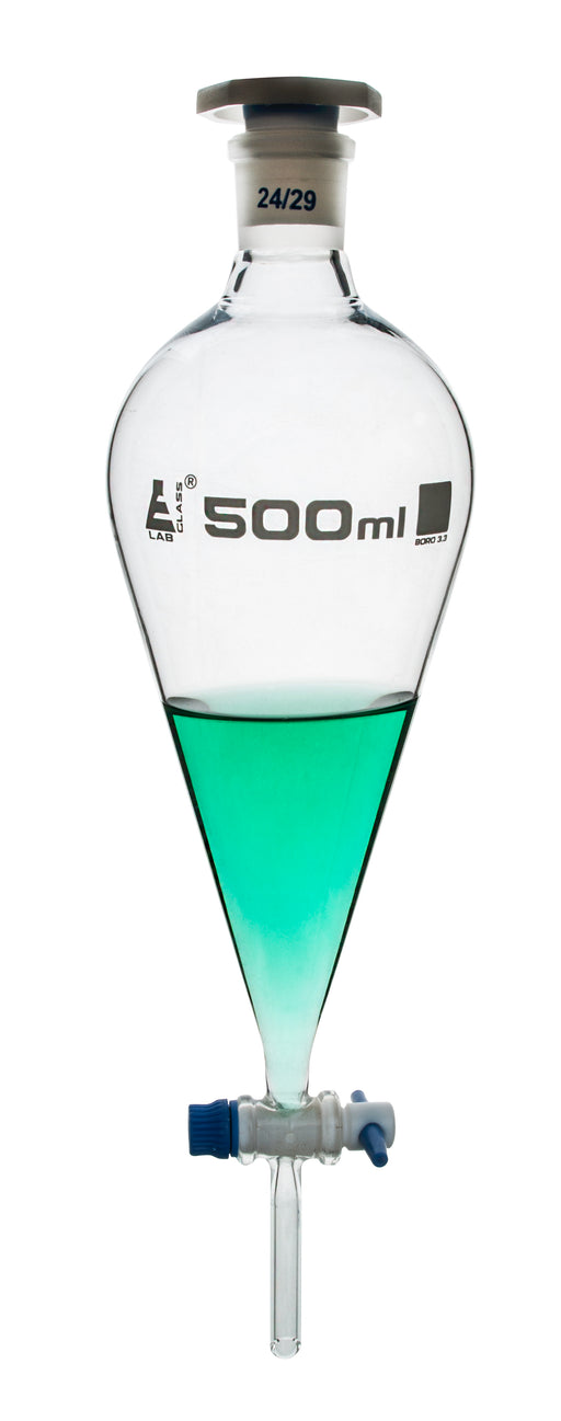 Squibb Separating Funnel, 500ml - 24/29 Plastic Stopper, PTFE Key Stopcock, Ungraduated - Borosilicate Glass - Eisco Labs