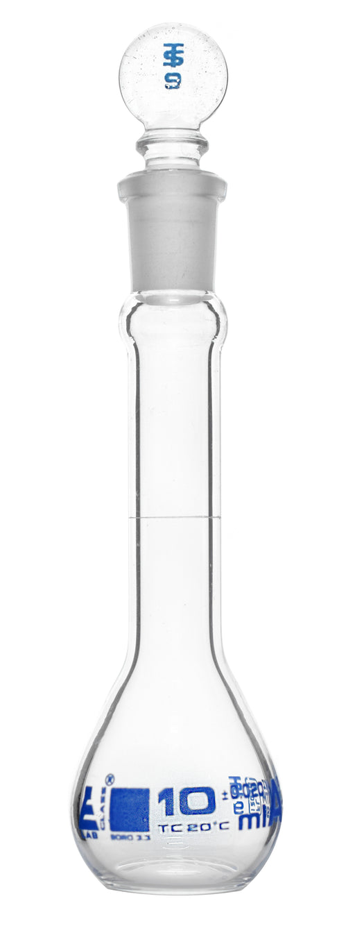 Volumetric Flask, 10ml - Class A, ASTM - Tolerance ±0.020 ml - Glass Stopper -  Single, Blue Graduation - Eisco Labs