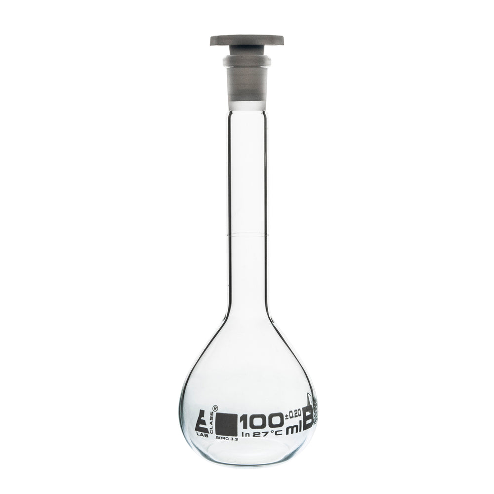 Volumetric Flask, 100ml - Class B - 14/23 Polyethylene Stopper, Borosilicate Glass - White Graduation, Tolerance ±0.200 - Eisco Labs