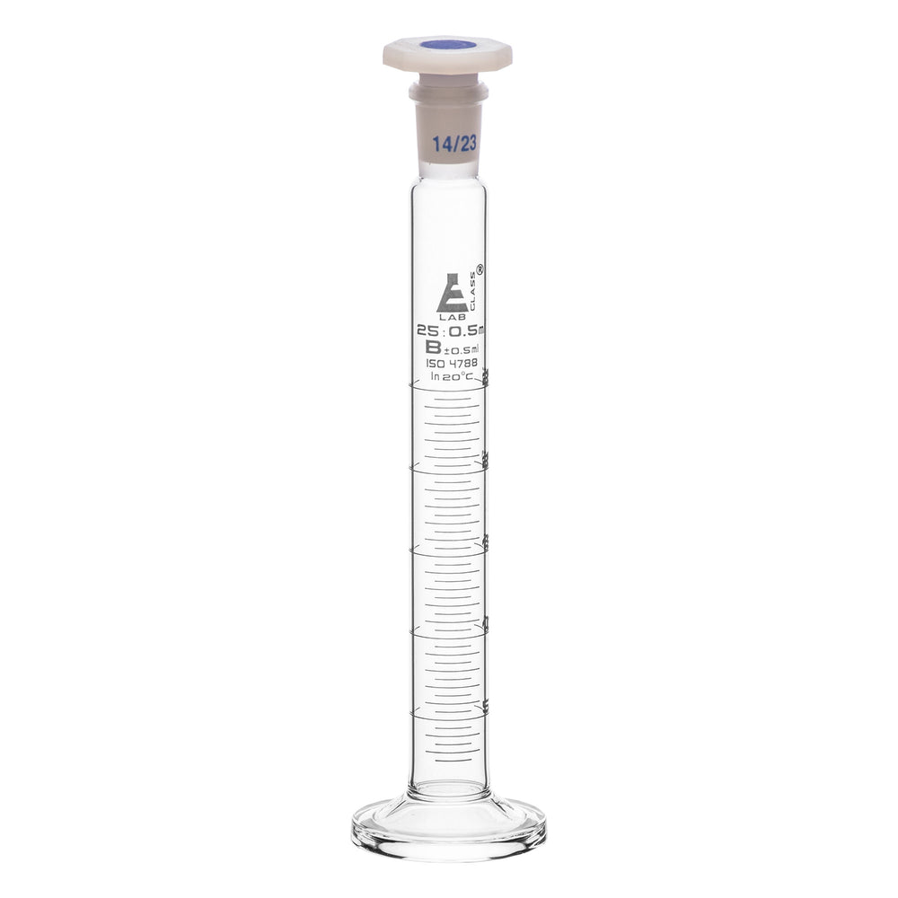 Measuring Cylinder, 25ml - Class B - 14/23 Polypropylene Stopper - Round Base, White Graduations - Borosilicate Glass - Eisco Labs