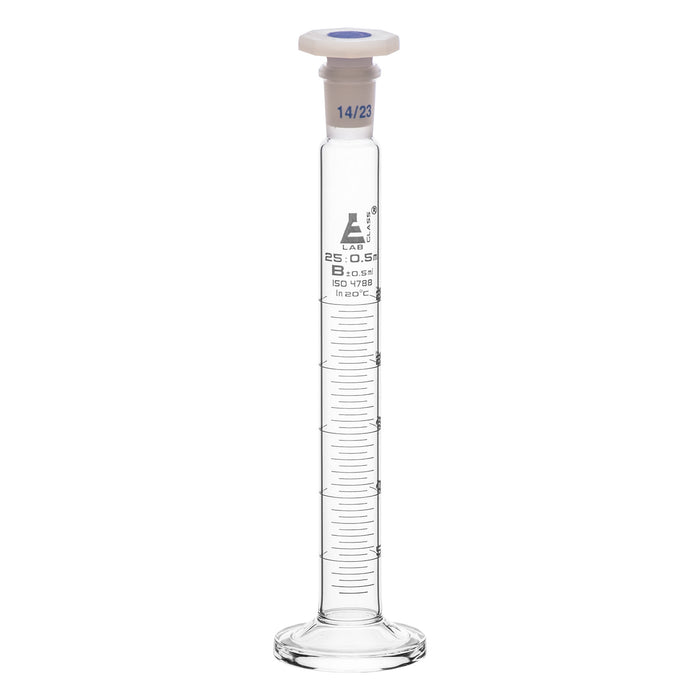 Measuring Cylinder, 25ml - Class B - 14/23 Polypropylene Stopper - Round Base, White Graduations - Borosilicate Glass - Eisco Labs