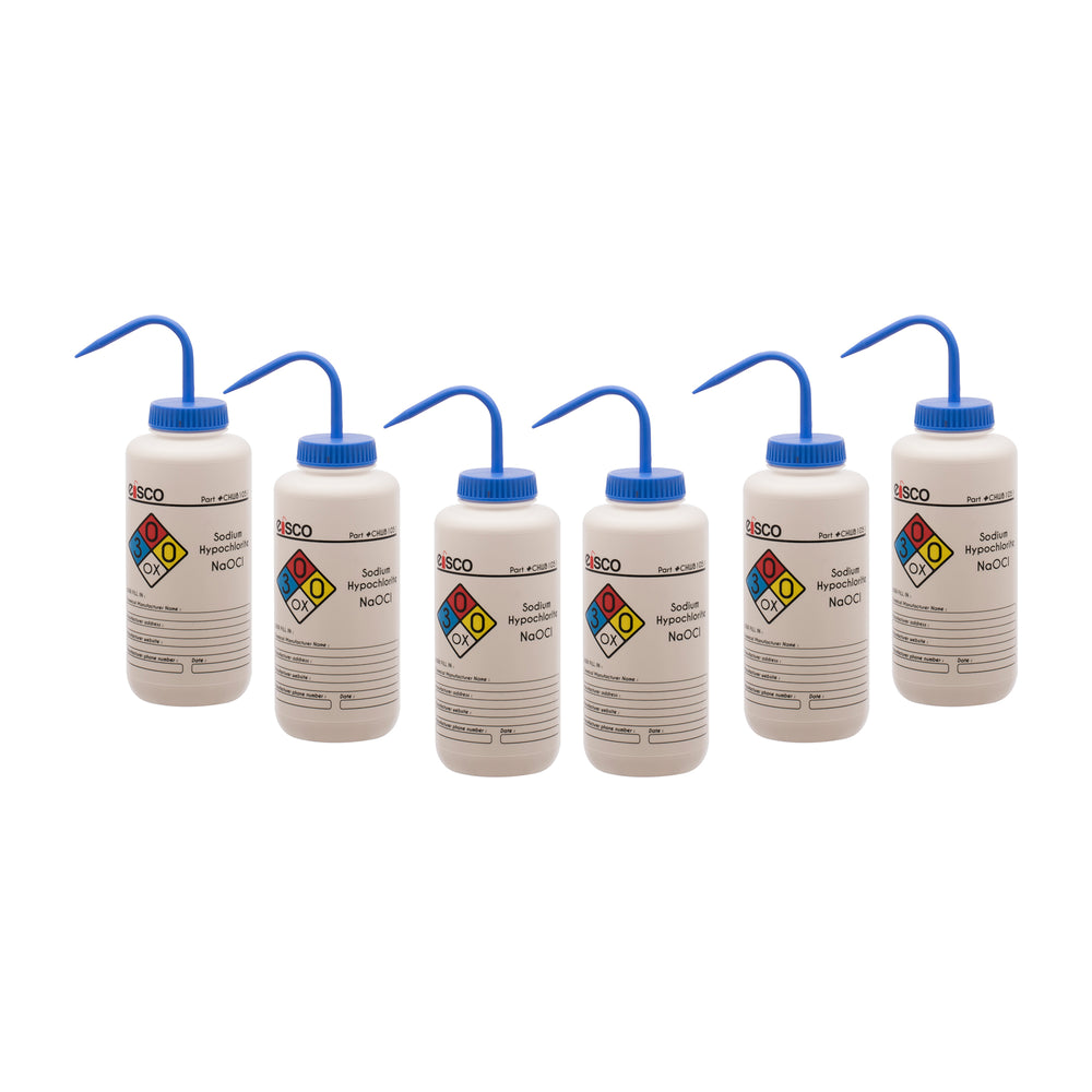 6PK Performance Plastic Wash Bottle,  Sodium Hypochlorite (Bleach), 1000 ml - Labeled (4 Color)