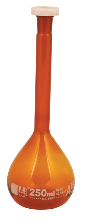 Volumetric Flask, 250ml - Class A - 14/23 Polypropylene Stopper, Borosilicate Glass, Amber - White Graduation Mark, Tolerance ±0.150 ml - Eisco Labs