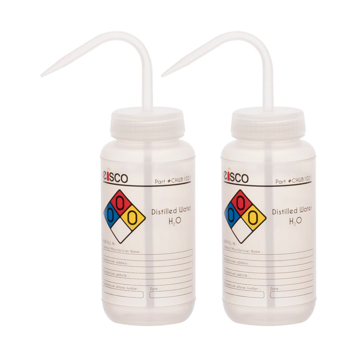 2PK Performance Plastic Wash Bottle, Distilled Water, 500 ml - Labeled (4 Color)