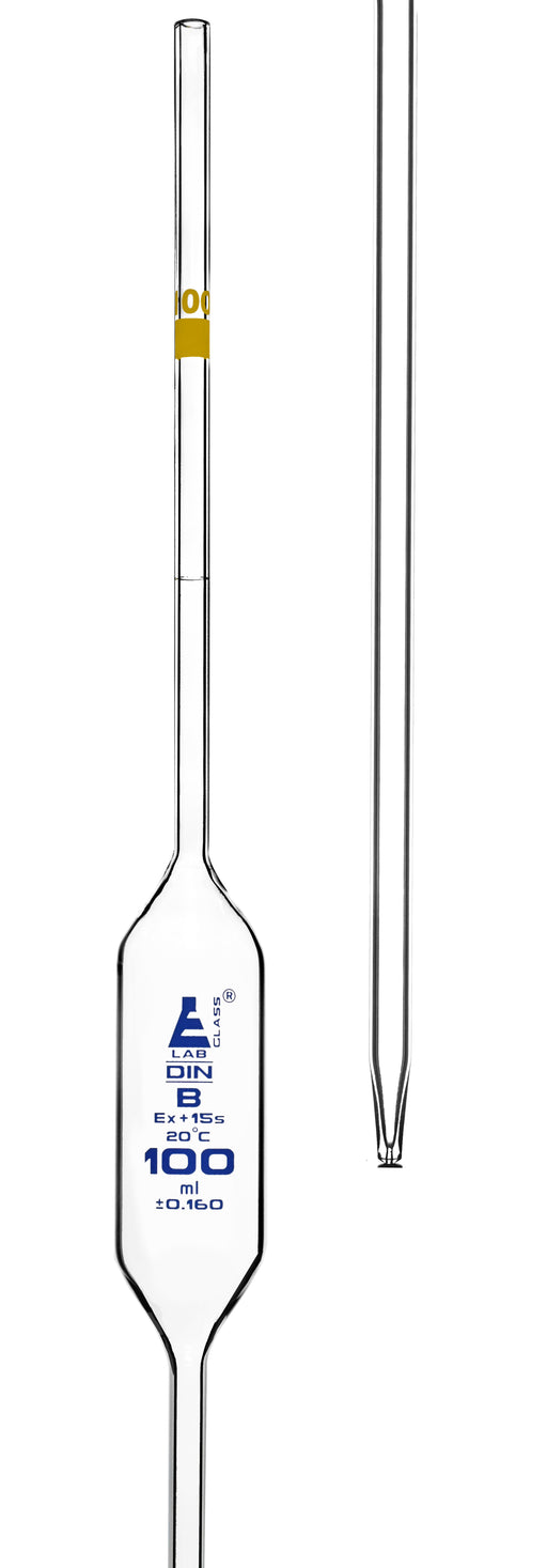 Bulb Form Pipette, 100ml - Class B, Tolerance ±0.160 - Blue Graduations - Color Code, Yellow - Borosilicate Glass - Eisco Labs