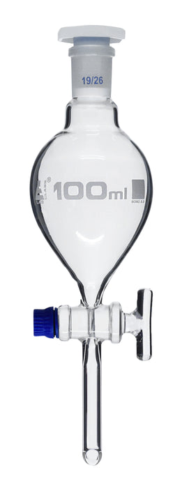 Separating Funnel, 100ml - Pear Shaped - 19/26 Plastic Stopper, Glass Key Stopcock, Stem with Cone - Borosilicate Glass - Eisco Labs