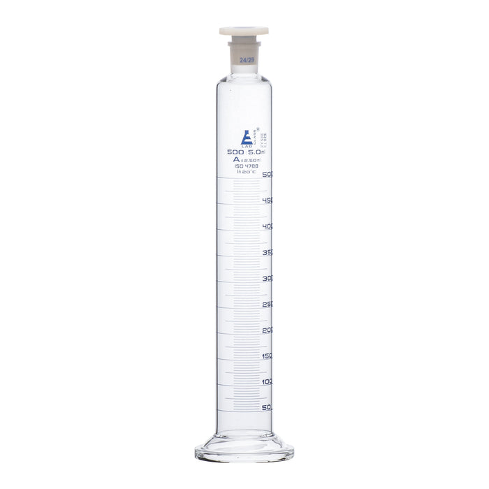 Measuring Cylinder, 500ml - Class A - 24/29 Polypropylene Stopper - Round Base, Blue Graduations - Borosilicate Glass - Eisco Labs