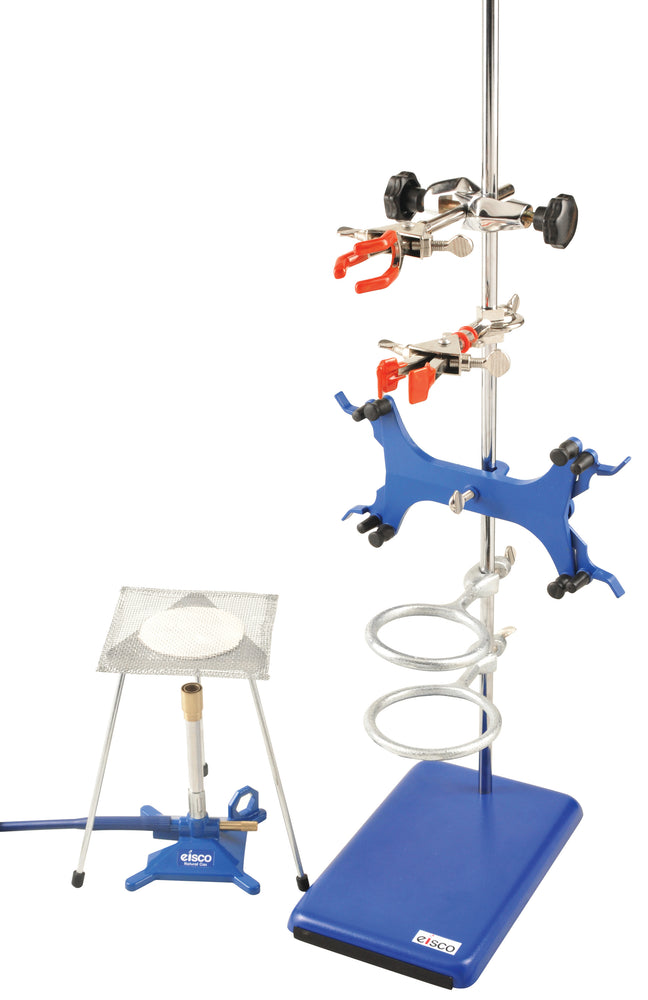 12 Piece Set - Complete Chemistry Starter Kit - Rectangular Retort Stand, Rod, Clamps, Rings, Stand, Tubing, Gauge, Bosshead & Bunsen Burner Set - Eisco Labs