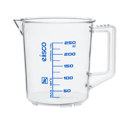 Measuring Jug, 250ml - TPX Plastic - Printed Graduations - Chemical Resistant, Autoclavable - Short Form - Handle with Thumb Grip - Eisco Labs