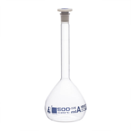 Volumetric Flask, 500ml - Class A Tolerance ±0.25ml - 19/26 Polypropylene Stopper - Single Graduation Mark - Borosilicate Glass - Eisco Labs