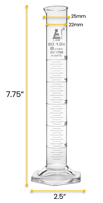 Graduated Cylinder, 50ml - Class B - White Graduations, Hexagonal Base