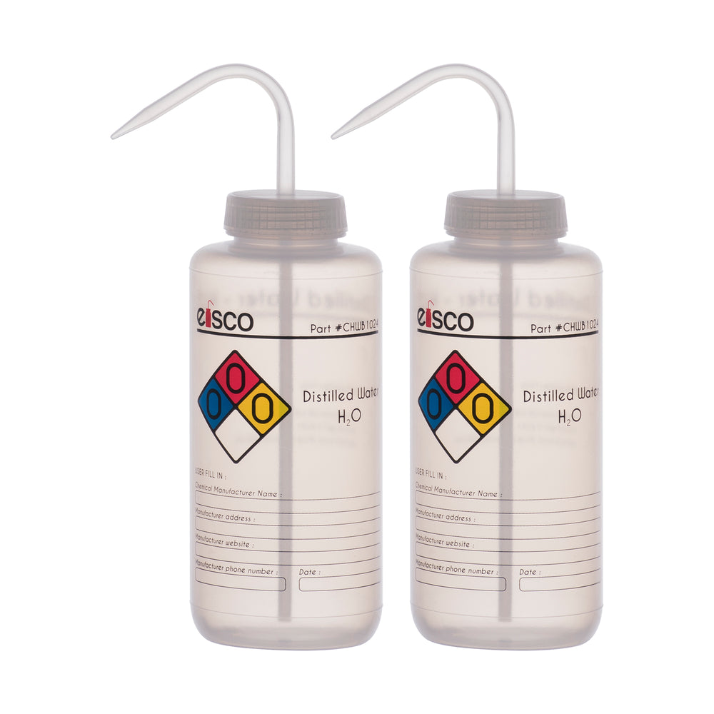2PK Performance Plastic Wash Bottle, Distilled Water, 1000 ml - Labele —  Eisco Labs