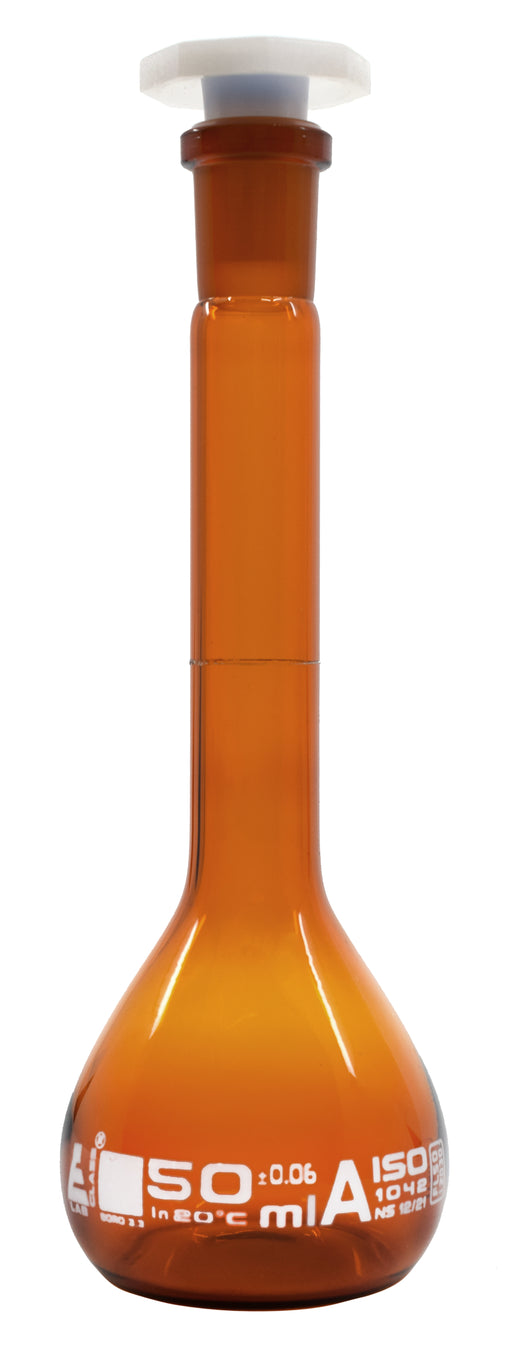Volumetric Flask, 50ml - Class A - 12/21 Polypropylene Stopper, Borosilicate Glass, Amber - White Graduation Mark, Tolerance ±0.060 ml - Eisco Labs