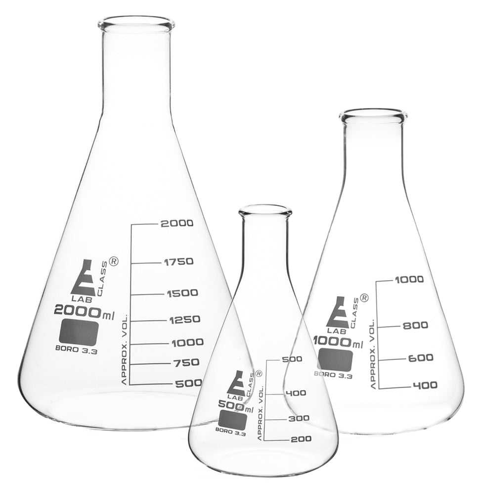 Erlenmeyer Flasks Set, 3 Pieces 500ml, 1000ml & 2000ml Borosilicat — Eisco Labs