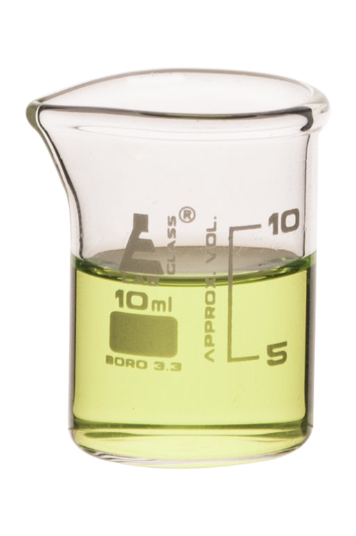 Beaker, 10ml - ASTM - Low Form with Spout - White Graduations - Borosilicate 3.3 Glass - Eisco Labs