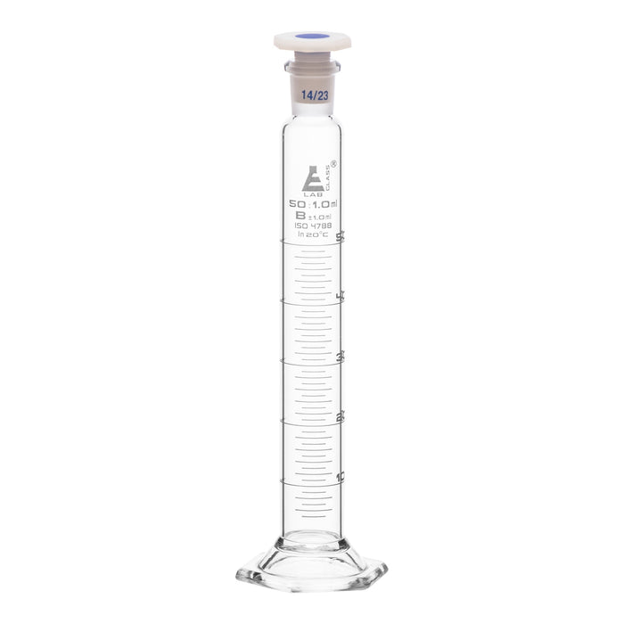 Measuring Cylinder, 50ml - Class B - 14/23 Polypropylene Stopper - Hexagonal Base, White Graduations - Borosilicate Glass - Eisco Labs