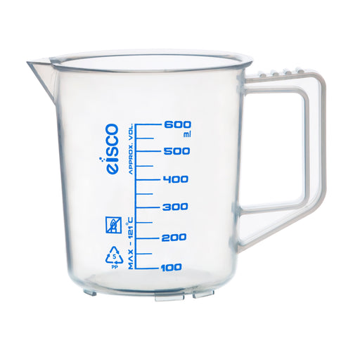Measuring Jug, 600ml - Polypropylene - Screen Printed Graduations, Spout & Handle for Easy Pouring - Excellent Optical Clarity - Eisco Labs