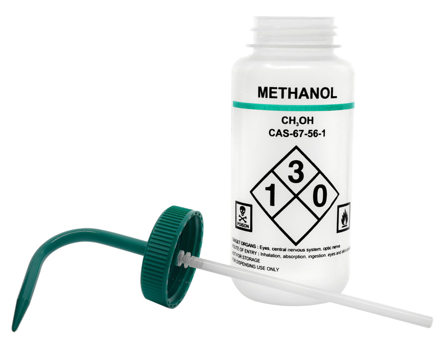 500ml Capacity Labelled Wash Bottle for Methanol - Color Coded Green - Self Venting, Low Density Polyethylene (Discontinued)