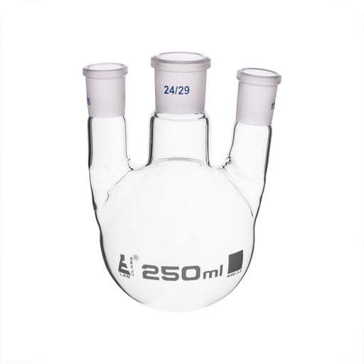 Distilling Flask, 250ml - 3 Parallel Necks, 24/29 Center, 19/26 Side Sockets - Interchangeable Ground Joints - Round Bottom - Borosilicate Glass - Eisco Labs