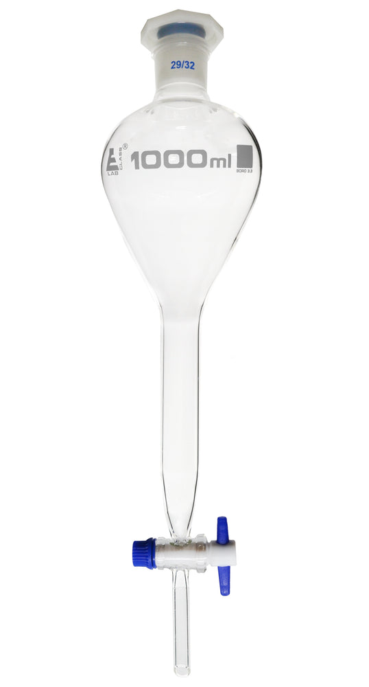 Gilson Separating Funnel, 1000ml - PTFE Key Stopcock - Plastic Stopper, Socket Size 29/32 - Borosilicate Glass - Eisco Labs