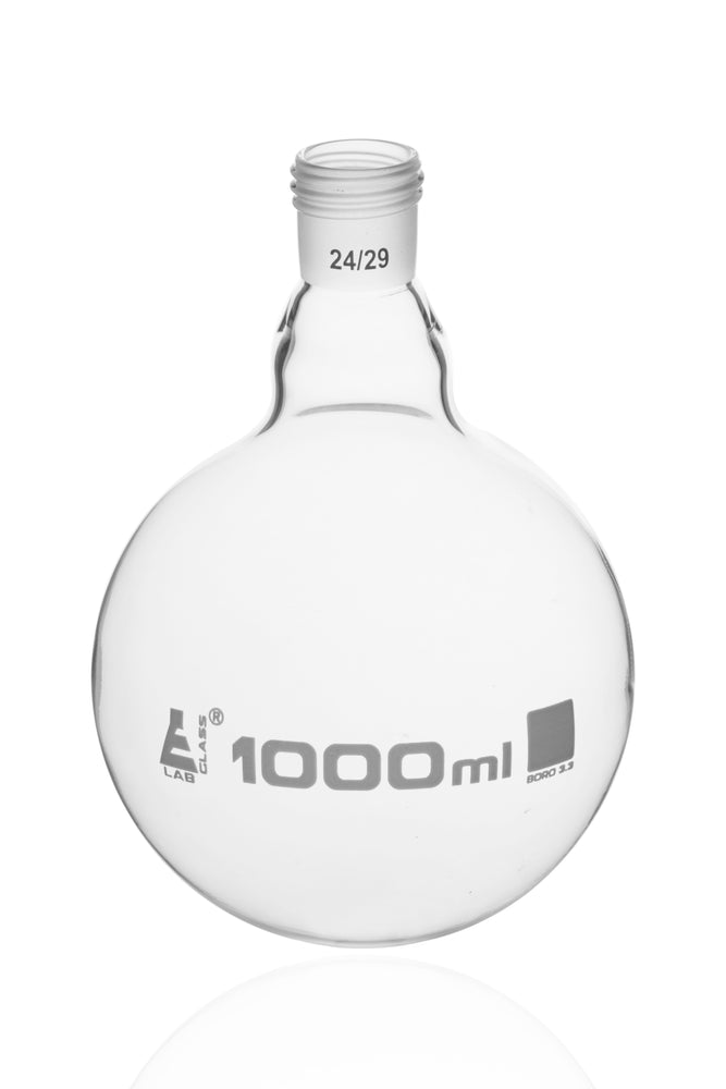 Boiling Flask with 24/29 Joint, 1000ml - Round Bottom, Interchangeable Screw Thread Joint - Borosilicate Glass - Eisco Labs