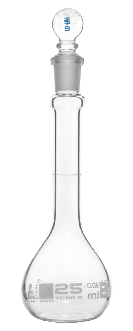 Volumetric Flask, 25ml - Class A, ASTM - Tolerance ±0.030 ml - Glass Stopper -  Single, White Graduation - Eisco Labs