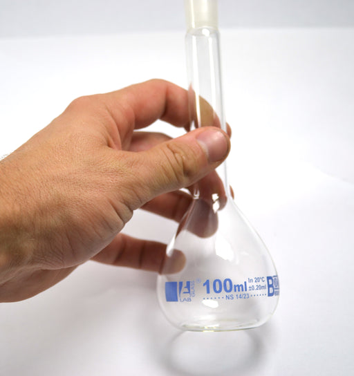 Volumetric Flask, 100ml - Class B - 14/23 Polyethylene Stopper, Borosilicate Glass - Blue Graduation, Tolerance ±0.200 - Eisco Labs