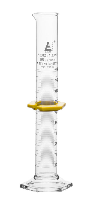100mL Graduated Cylinder - Borosilicate 3.3 Glass - Class B - Hexagonal Base - White Single Scale