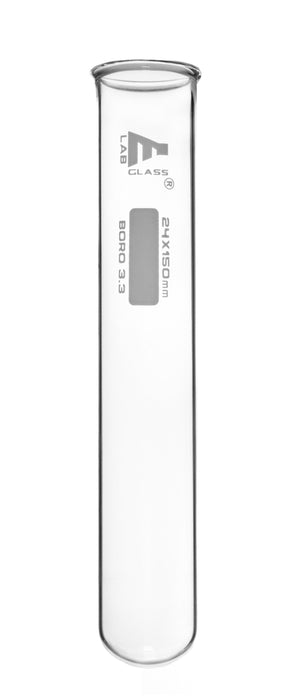 24PK Test Tubes, 50mL, 24x150mm - Rimmed - Marking Spot - Light Wall, 1.2mm Thick - Borosilicate 3.3 Glass