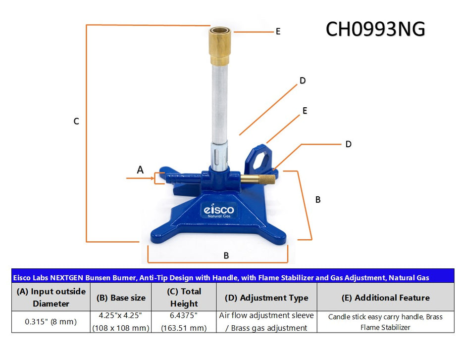 Natural Gas Bunsen Burner, StabiliBase Anti-Tip Design with Handle, with Flame Stabilizer and Gas Adjustment, NG - Eisco Labs
