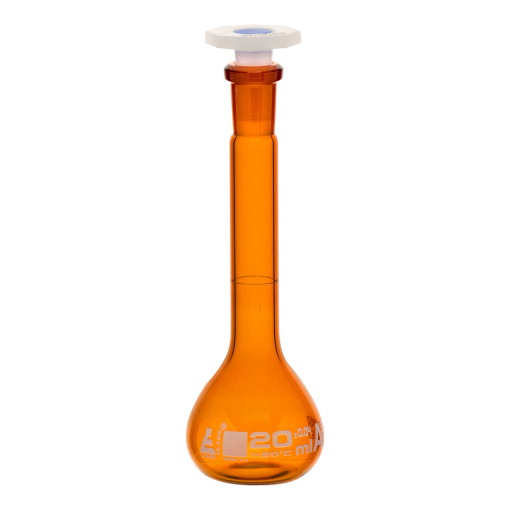 Volumetric Flask, 20ml - Class A - Polypropylene Stopper - Single Graduation Mark - Amber Color Borosilicate Glass