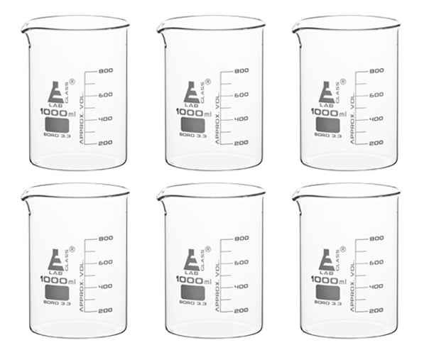 6PK Beakers, 1000mL - Low Form - 100mL Graduations